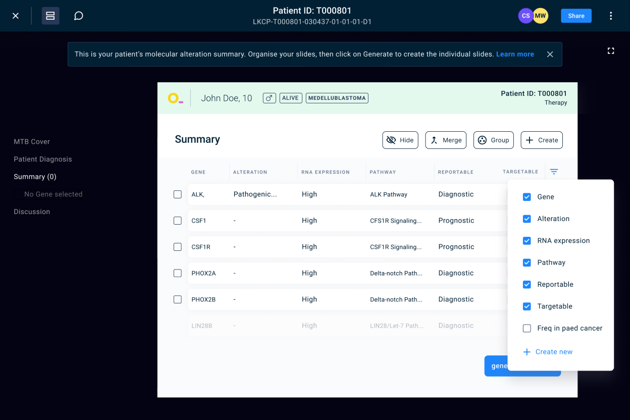 ZeroDash Phase 2: patient diagnosis summary