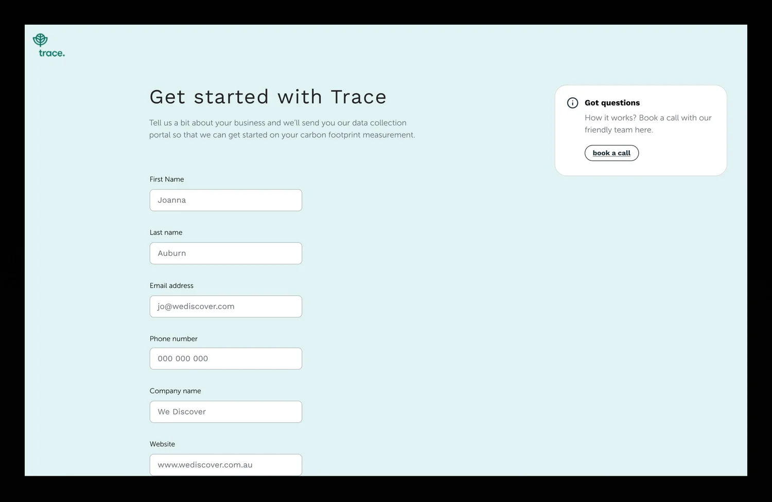 Get started form wireframe