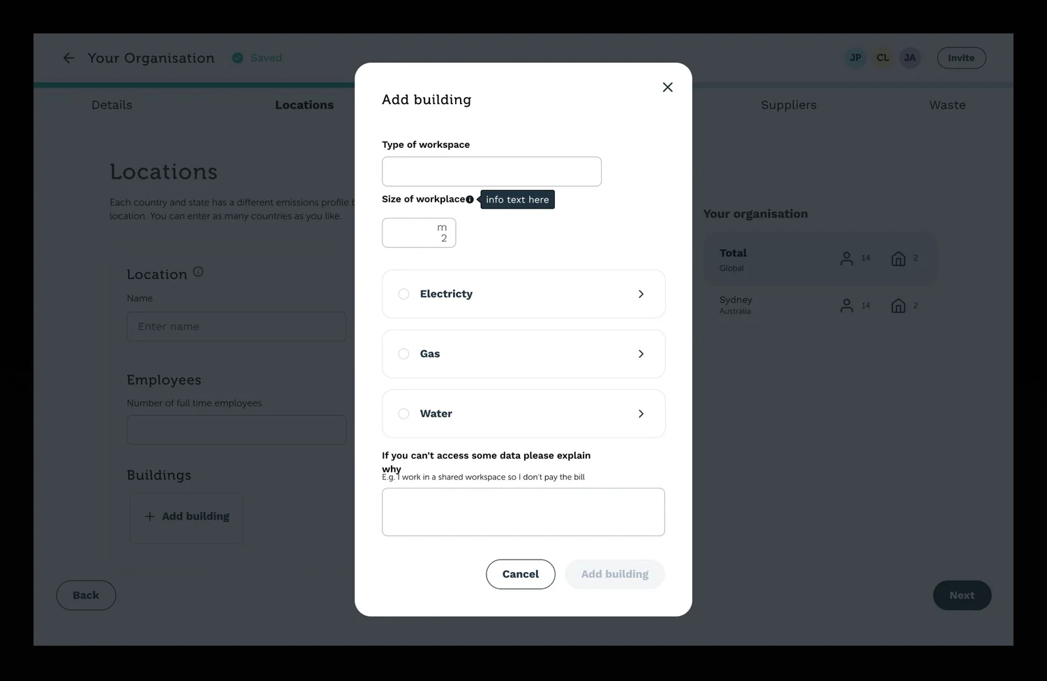Onboarding locations modal wireframe